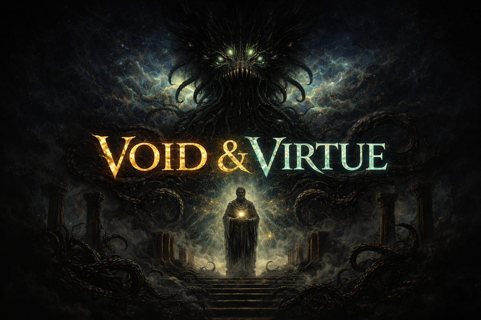A Stoic philosopher stands resolute beneath a cosmic entity — VOID & Virtue